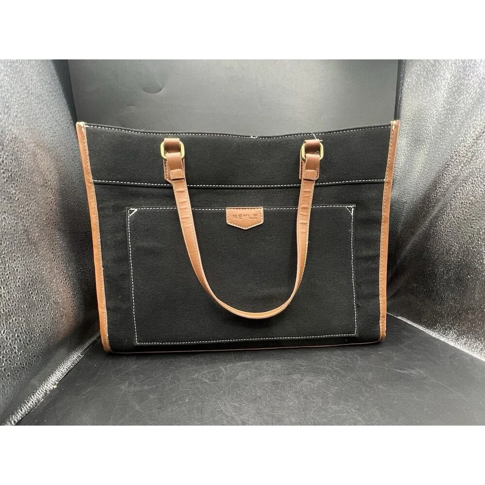 Keyli Canvas Laptop Tote Bag Black 15.6” Work Business Office Carryall Purse